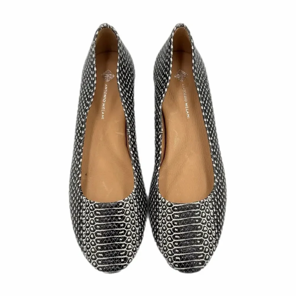 Antonio Melani Vintal Black White Snakeskin Leather Slip On Ballet Flats Shoes